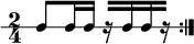  \new RhythmicStaff { \clef percussion \time 2/4 \repeat volta 2 { c8 c16 c r[ c c r] } } 