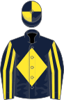 Dark blue, yellow diamond, striped sleeves, quartered cap