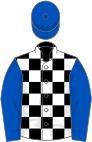 Black and white checked, royal blue sleeves and cap