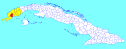 Guane municipality (red) within Pinar del Río Province (yellow) and Cuba