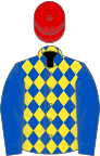 Royal blue and yellow diamonds, royal blue sleeves, red cap