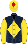 Dark blue, yellow diamond and sleeves, yellow cap, red diamond