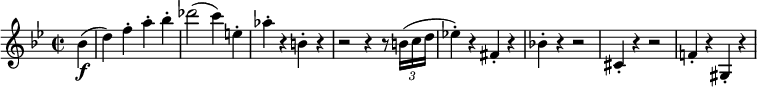  \relative c'' { \key g \minor \time 2/2 \set Staff.midiInstrument = #"violin" \set Score.tempoHideNote = ##t \tempo 2 = 120 \partial 4 bes\f( | d4) f-. a-. bes-. | des2( c4) e,-. | as4-. r b,-. r | r2 r4 r8 \times 2/3 { b16( c d } | es!4-.) r fis,-. r | bes!4-. r r2 | cis,4-. r r2 | f!4-. r gis,-. r | } 