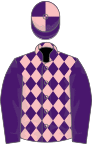 Pink, purple diamonds, purple sleeves, quartered cap
