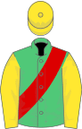 Emerald Green, Red sash, Yellow sleeves and cap