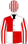 White and red (quartered), striped sleeves and cap