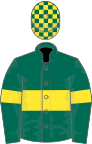 Green, yellow hoop and armlets, check cap