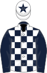 Dark blue and white check, dark blue sleeves, white cap, dark blue star