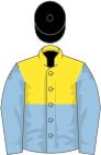 Yellow and light blue halved horizontally, light blue sleeves, black cap