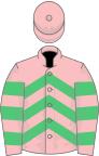 Pink, emerald green chevrons, hooped sleeves, pink cap