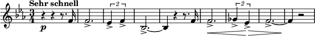  { \new PianoStaff << \new Staff \relative f' { \set Staff.midiInstrument = #"french horn" \key es \major \clef treble \time 3/4 \set Score.tempoHideNote = ##t \tempo "Sehr schnell" 4 = 195 r4 \p r4 r8. f16 | % 2 f2. -> | % 3 \times 3/2 { es4 -> f4 -> } | % 4 bes,2. ~ -> | % 5 bes4 r4 r8. f'16 | % 6 f2. \< -> | % 7 \times 3/2 { ges4 -> es4 \! \> -> } | % 8 f2. ~ -> | % 9 f4 \! r2 } >> } 