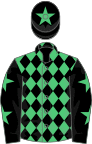Emerald green and black diamonds, black sleeves, emerald green stars, black cap, emerald green star