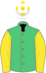 Emerald green, yellow sleeves, white cap, yellow spots