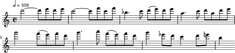 \relative c'' { \clef treble \time 2/2 \tempo 2 = 108 d'2~ d8 e d e c2~ c8 f c f bes,4. c8 d( e) d e a,4. c8 d a d e g2 f8( e) f d g4. a8 f( e) f d g4 ees8 d c4 d8 e b4 }