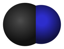 Space-filling model of the cyanide anion: carbon bound to smaller nitrogen atom