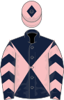 Dark blue and pink diabolo, chevrons on sleeves, pink cap, dark blue diamond