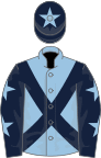 Light blue, dark blue cross belts, dark blue sleeves, light blue stars, dark blue cap, light blue star
