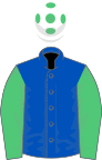 Royal blue, emerald green sleeves, white cap, emerald green spots