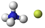 ball-and-stick model of an ammonium cation (left) and a fluoride anion (right)
