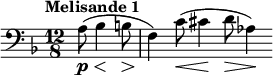 \relative c' { \clef bass \time 12/8 \key d \minor \tempo "Melisande 1" \partial 8*4 a8\p\<( bes4\! b8\> | f4\!) c'8(\< cis4\! d8\> aes4\!) }
