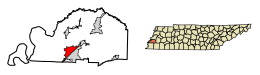 Location of Munford in Tipton County, Tennessee.