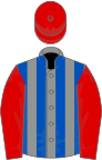 Grey and Royal Blue stripes, Red sleeves and cap