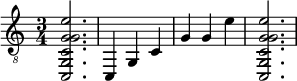  { \clef "treble_8" \time 3/4 <c, g, c g g e'>2. <c, >4 <g, >4 <c >4 <g >4 <g >4 <e' >4 <c, g, c g g e'>2. } 