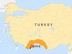 Location of Demre in Antalya province, Turkey.