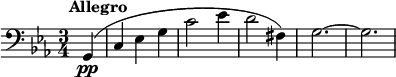 \new Score { #(set-default-paper-size "b6") \new Staff { \relative c, { \set Staff.midiInstrument = #"cello" \time 3/4 \key c \minor \clef "bass_8" \omit Staff.ClefModifier \tempo 4 = 240 \omit Score.MetronomeMark \partial 4 g^\markup { \halign #-0.5 \bold "Allegro" }(\pp | c ees g | c2 ees4 | d2 fis,4) | g2.~ | g2. } } }