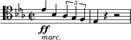 { \new PianoStaff << \new Staff \relative es' { \set Staff.midiInstrument = #"piano" \set Score.tempoHideNote = ##t \stemUp \tempo 2 = 55 \clef "tenor" \key es \major \time 2/2 es4 _\markup{ \italic {marc.} } \ff bes4 \times 2/3 { as4 g4 f4 } | % 2 es4 r4 r2 } >> }