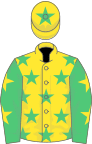 Yellow, soft green stars, soft green sleeves, yellow stars, yellow cap, soft green star
