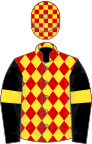 Red and yellow diamonds, black sleeves, yellow armlets, red and yellow check cap