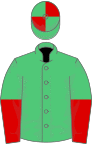 Emerald Green, Red halved sleeves, quartered cap