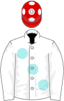 White, large pale blue spots, red cap, white spots
