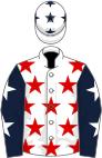White, red stars, dark blue sleeves, white stars, white cap, dark blue stars