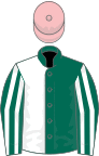 Dark green and white (halved), striped sleeves, pink cap