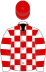 White and red check, hooped sleeves, red cap