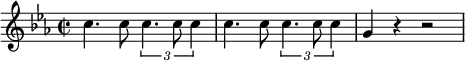  { \new PianoStaff << \new Staff \relative c'' { \set Staff.midiInstrument = #"piano" \key c \minor \clef treble \time 2/2 \set Score.tempoHideNote = ##t \tempo 2 = 60 c4. c8 \times 2/3 { c4. c8 c4 } | % 2 c4. c8 \times 2/3 { c4. c8 c4 } | % 3 g4 r4 r2 } >> } 