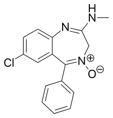 Chemical structure diagram of a benzene ring fused to a diazepine ring. Cl is attached to the benzene; N, H, CH3, and O are attached to the diazepine.