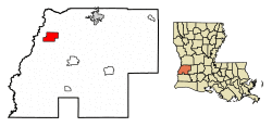Location of Merryville in Beauregard Parish, Louisiana.