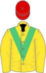 Yellow, emerald green chevron, red cap