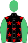 Black, red stars, emerald green sleeves and cap