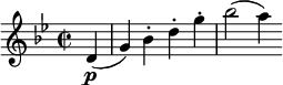 \relative c' { \set Score.tempoHideNote = ##t \tempo 2 = 120 \time 2/2 \tempo "Allegro assai" \key g \minor \partial4 d4\p( g ) bes-. d-. g-. bes2 ( a4 ) }