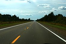 A straight roadway leading away to the horizon with trees on either side of the road