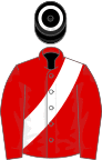 Red, white sash, black cap, white hoop