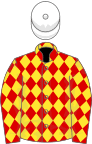 Red and yellow diamonds, white cap