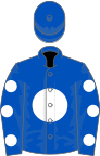 Royal blue, white disc, royal blue sleeves, white spots