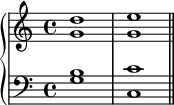  \new PianoStaff << \new Staff << \new Voice \relative c'' { \stemUp \clef treble \key c \major \time 4/4 d1 e } \new Voice \relative c'' { \stemDown g1 g } >> \new Staff << \new Voice \relative c' { \stemUp \clef bass \key c \major \time 4/4 b1 c } \new Voice \relative c' { \stemDown g1 c, \bar "||" } >> >> 