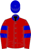 Red jacket with blue stripes on arms, blue collar and blue helmet