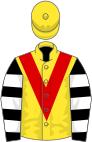 Yellow, red chevron, black and white hooped sleeves, yellow cap